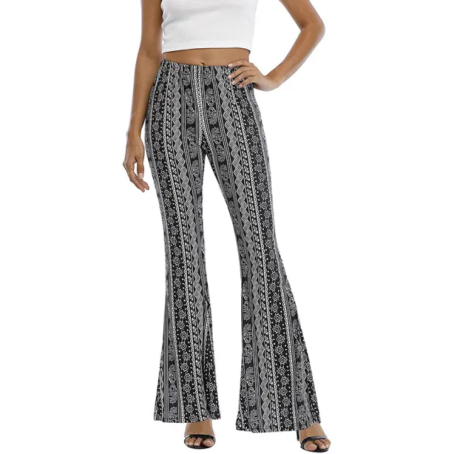 Meilaoshi New Bohemian Style Bell bottom Pants Women's Ethnic Style Fashion Casual Stretch Black - Shop at LoveMi