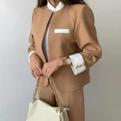 Autumn And Winter Leisure Temperament Colour Matching Women's Suit Jacket Trousers Two-piece Set - Camel - View 1
