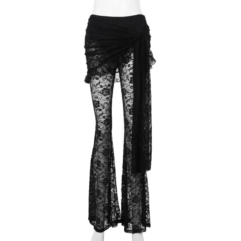 Dark Style Strap Tube Top Lace Bell-bottom Pants Suit - Black Trousers