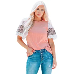 Round Neck Half Sleeve Loose Top Summer New Fashion Leopard Print Lace T-shirt - Pink - View 1