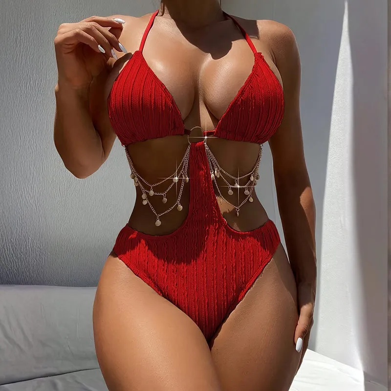 New Lace-up Sexy Cutout Bikini One-piece Swimsuit - Red