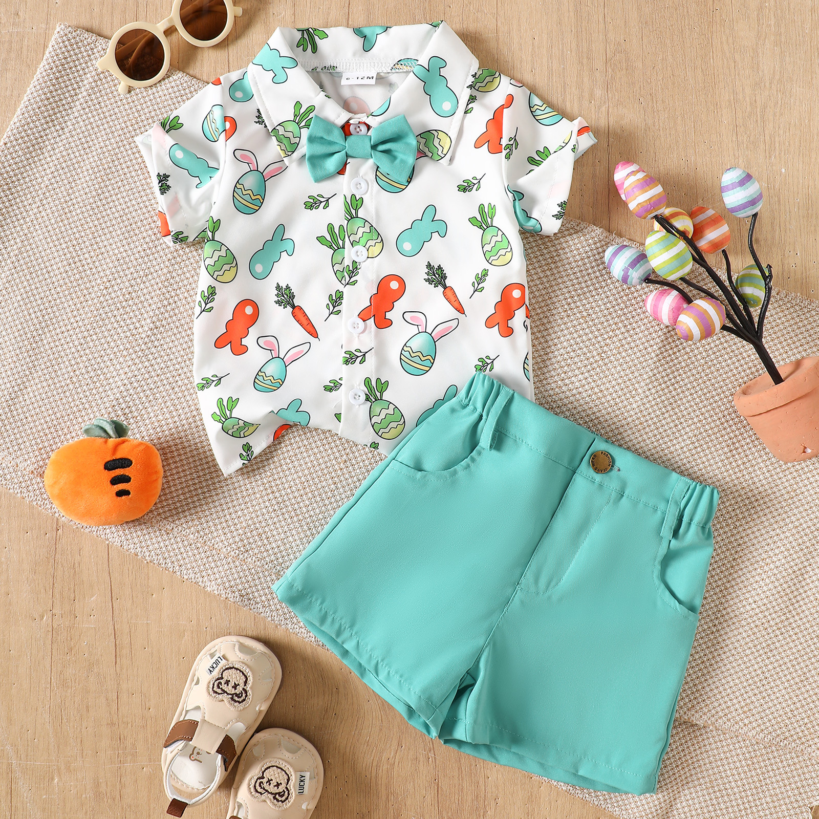 Cartoon Rabbit Easter Egg Print Shirt And Shorts Set