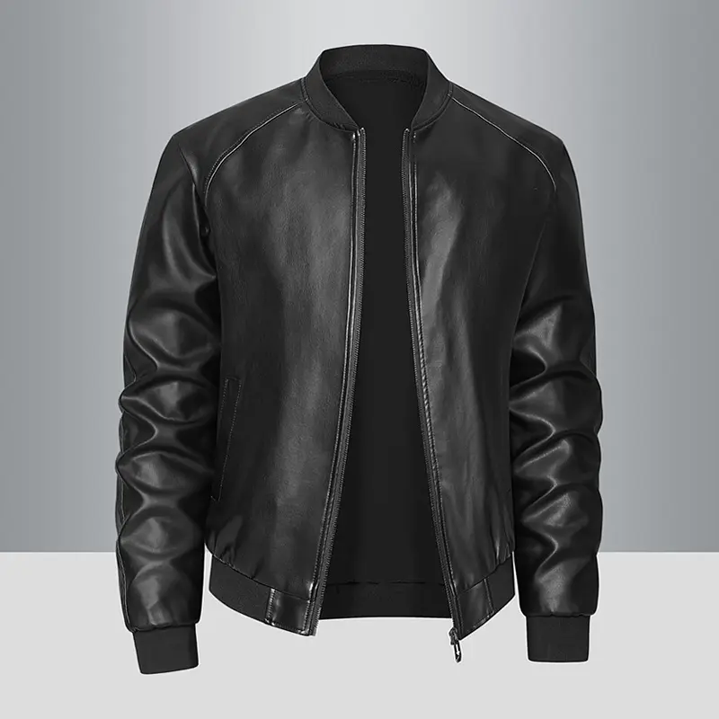 Mens Stand-Neck Casual Stylish Leather Jacket