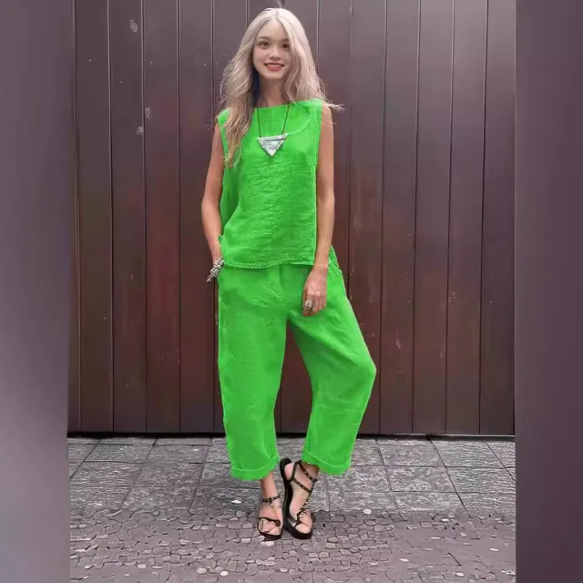 Cotton And Linen Fashion Casual Loose Top Trousers Suit Green - Shop at LoveMi
