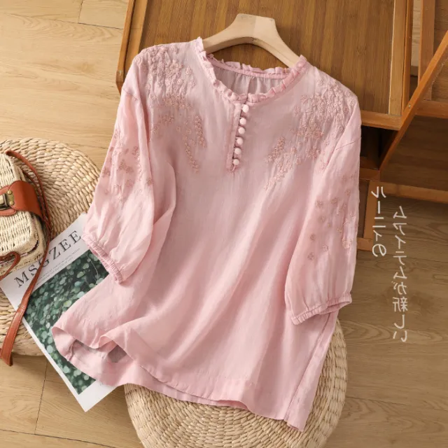 Ramie Women's Embroidered Lace Thin Cotton Linen Shirt Pink - Shop at LoveMi