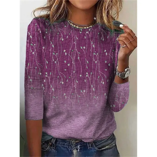 Women's Long Sleeve Flower Theme Printed Casual Loose Top Purple - Shop at LoveMi