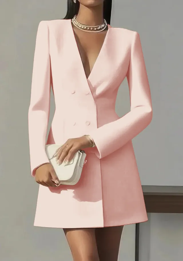 Solid color V neck Suit style French Dress For Women Pink - Shop at LoveMi