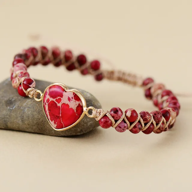 Emperor Stone Heart Shaped Double Layer Hand Weaving Bracelet Pure Red - Shop at LoveMi