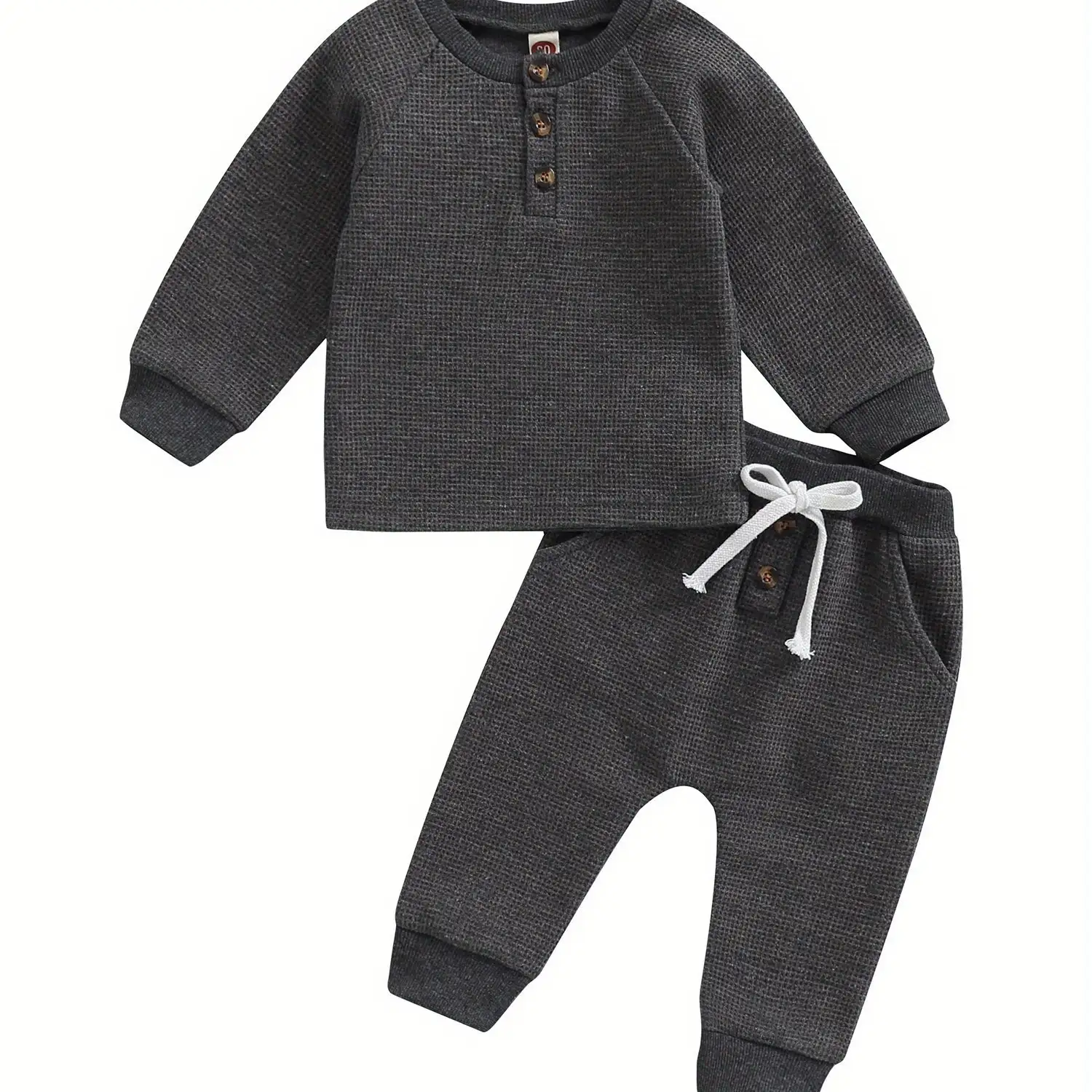 Toddler Thicken Waffle Clothes Set Boy Girls Buttons Round