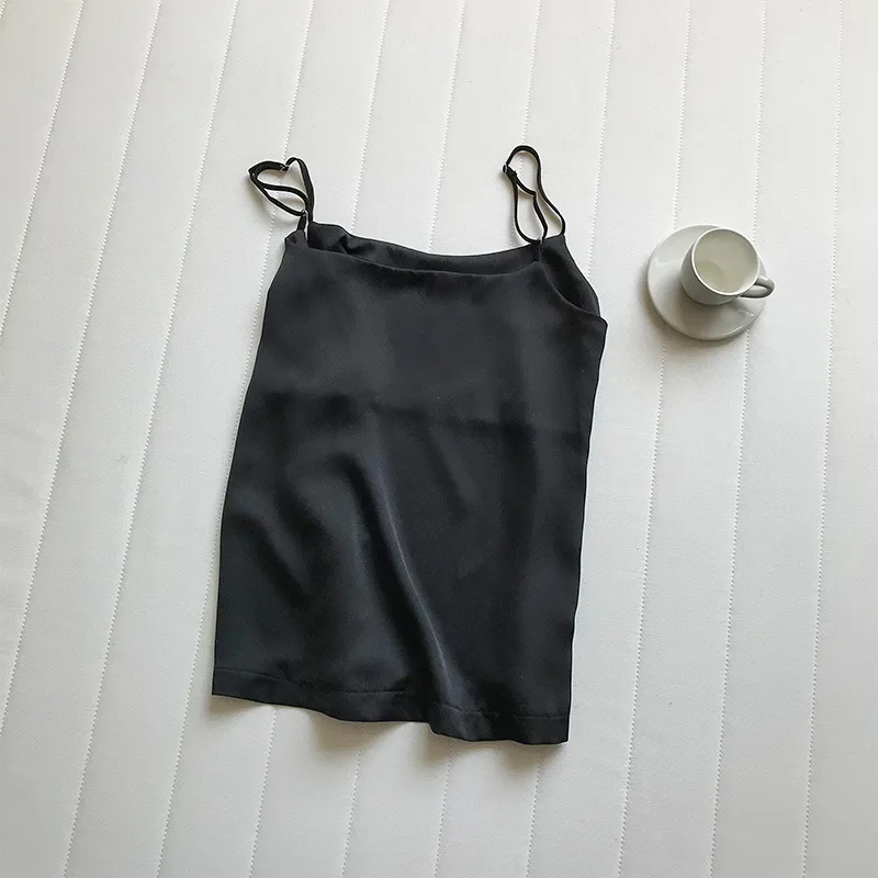 Summer New Inner Wear Single Wear Textured Satin Spaghetti Strap Small Sling Vest For Women - Black