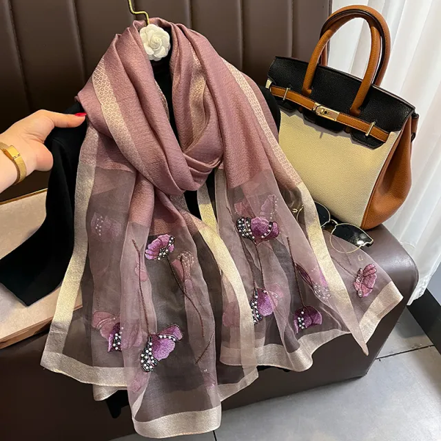 Pearl Flower Scarf Women's Embroidered Silk Scarf Warm Shawl No 5 Taro Purple - Shop at LoveMi