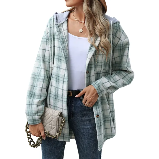 Hooded Multi button Plaid Long Sleeve Loose Woolen Coat Green - Shop at LoveMi