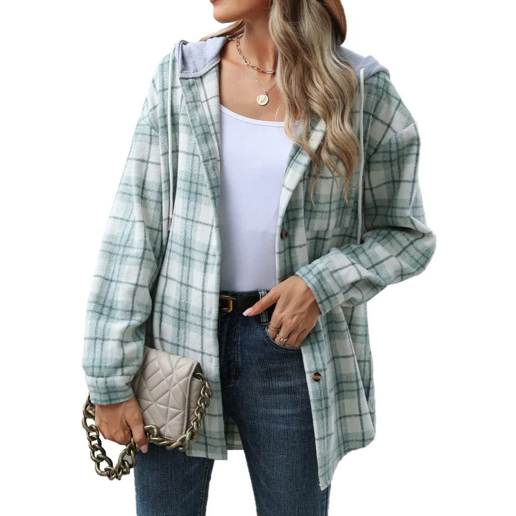 Hooded Multi-button Plaid Long Sleeve Loose Woolen Coat - Green