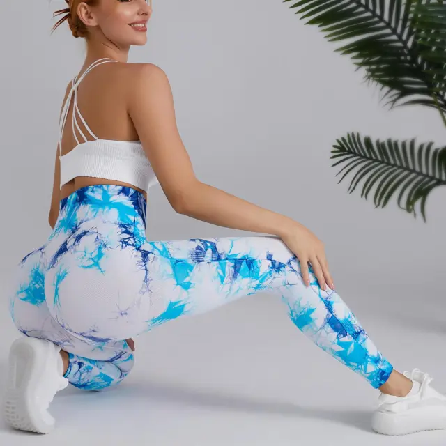 Two color Tie dye Tie float High Waist Hip Lift Sports Running Fitness Pants Blue And White - Shop at LoveMi