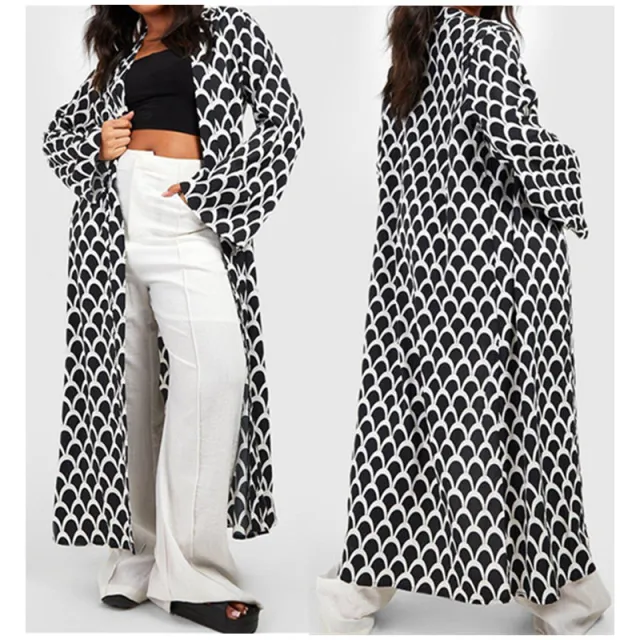 Geometric Pattern Printed Long Coat Pajamas Haori Cape Cardigan Black - Shop at LoveMi