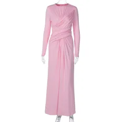 Fashion Temperament Slim Cross Round-neck Long-sleeved Dress - Pink - View 1
