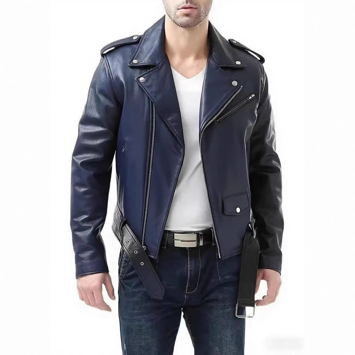 Stylish Slim-fit And Handsome Mens PU Leather Jacket With A Zipper