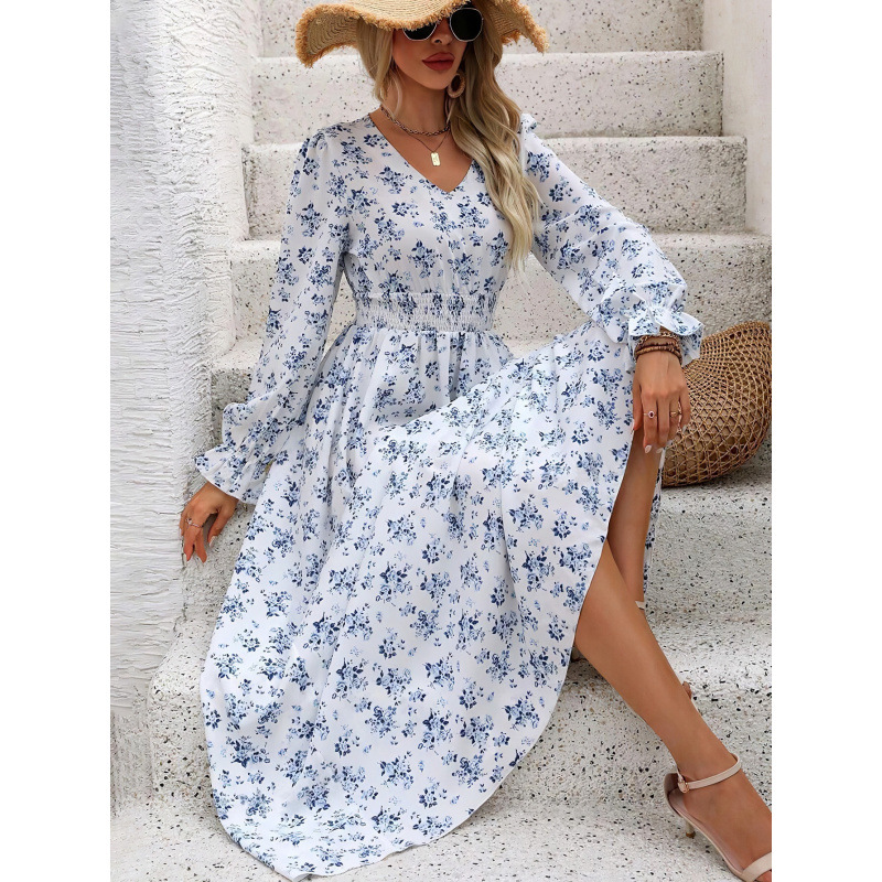 European And American Fall Women's Clothing Printed V neck Long Sleeve Big Hem Fashion All matching Dress White - Shop at LoveMi