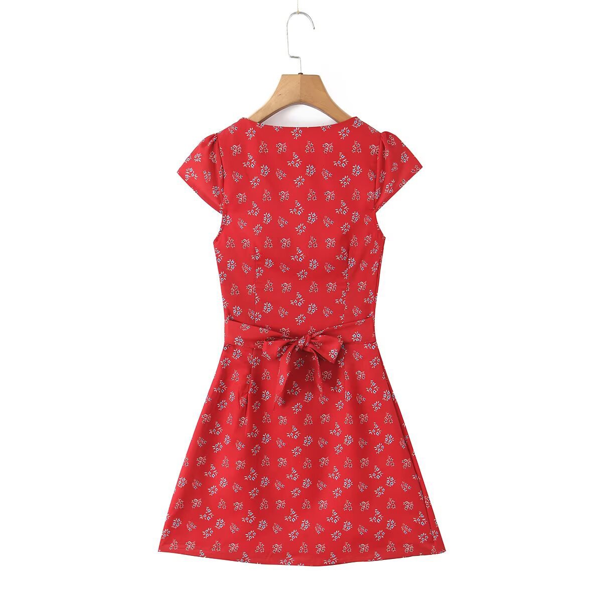 Vintage Printed Temperament V-neck Waist-controlled Lace-up Dress