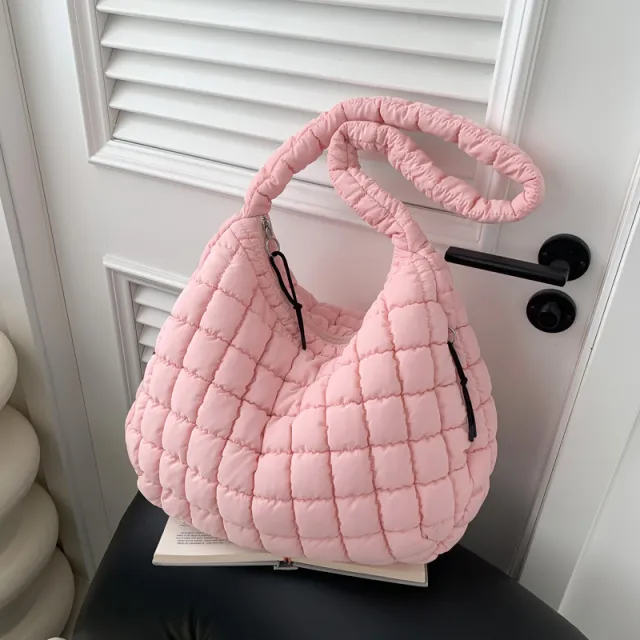 Pleated Cloud Bag Single Shoulder Crossbody Bubble Bag Down Cotton padded Jacket Pink - Shop at LoveMi