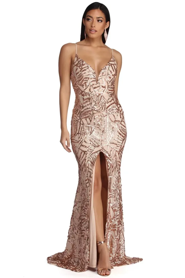 Geometric Sequin Sling Evening Gown Apricot - Shop at LoveMi