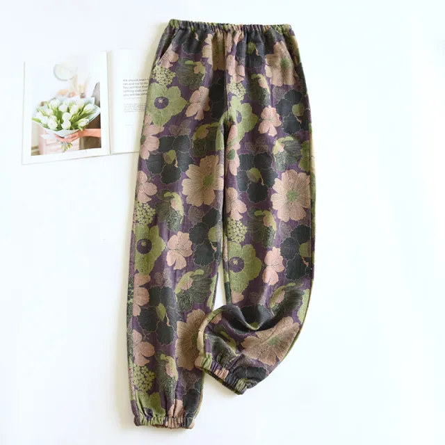 Women's Fashion Casual Cotton Yarn dyed Vintage Jacquard Pajama Pants Purple - Shop at LoveMi
