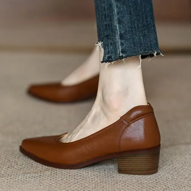 Women's Single Shoes Retro Brown Shallow Mouth Pointed Toe Commuting Mid heel Anti slip Brown - Shop at LoveMi