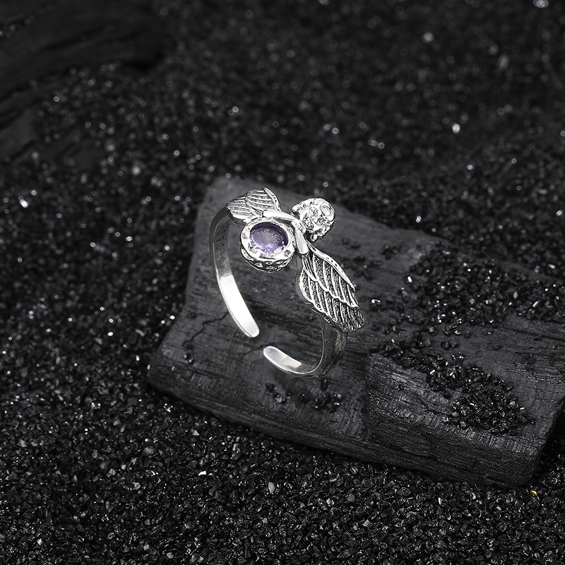 Sterling Silver 925 Angel Wings Ring Female Vintage Distressed Special-interest Design