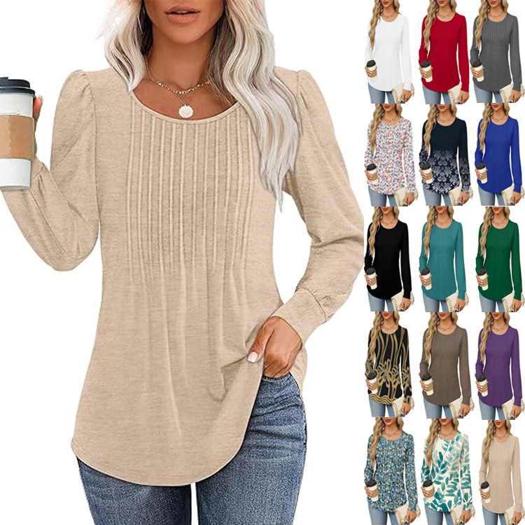 Womens Fashionable Casual Pleated Crew-Neck Long-Sleeve Shirt