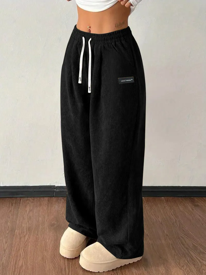 Loose Drawstring Solid Color Pocket Casual Versatile Pants Women's Pants - Black
