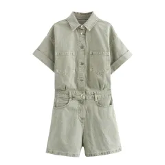Lapel Multi-color Short Sleeve Denim Jumpsuit - Green - View 1