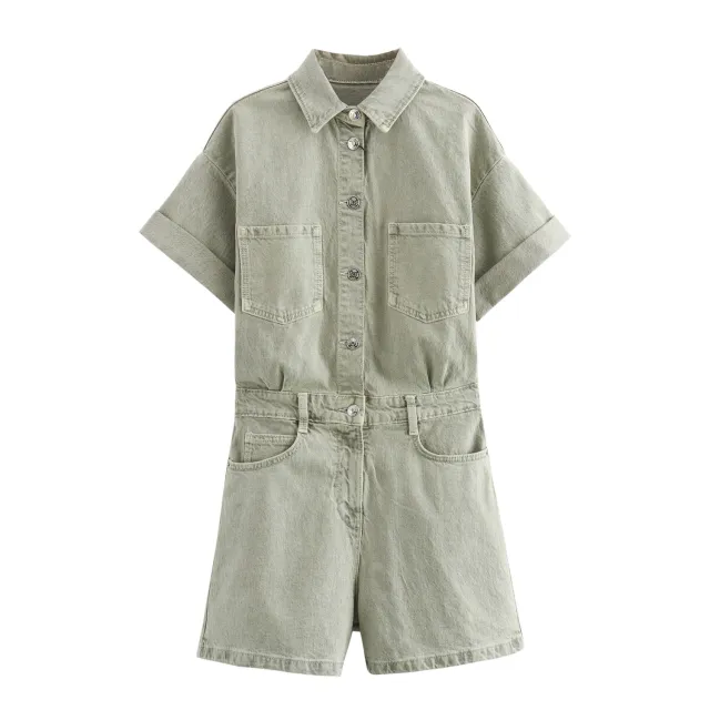 Lapel Multi color Short Sleeve Denim Jumpsuit Green - Shop at LoveMi