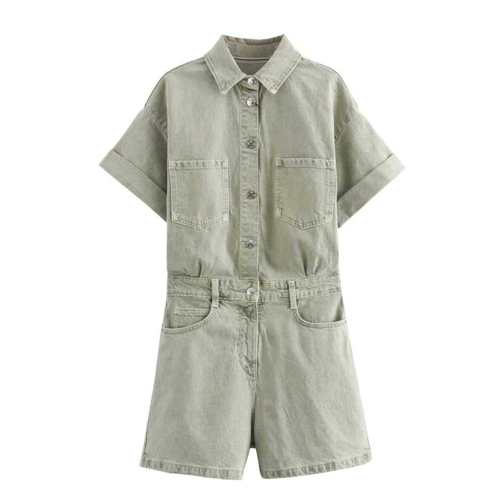 Lapel Multi-color Short Sleeve Denim Jumpsuit - Green
