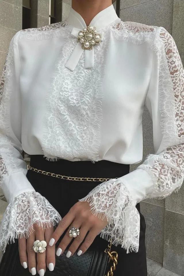 Women's Long Sleeve Lace Top Solid Color Shirt White - Shop at LoveMi