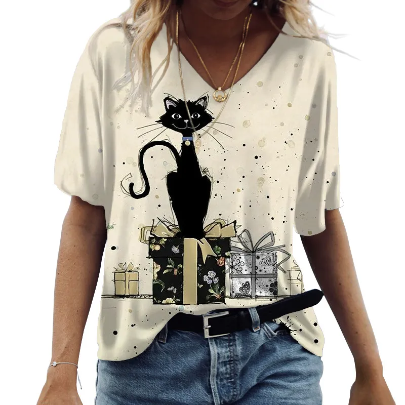 Spring And Summer Women's Casual Short-sleeved V-neck Cat 3D Printed Top - Nt302688-4Xl