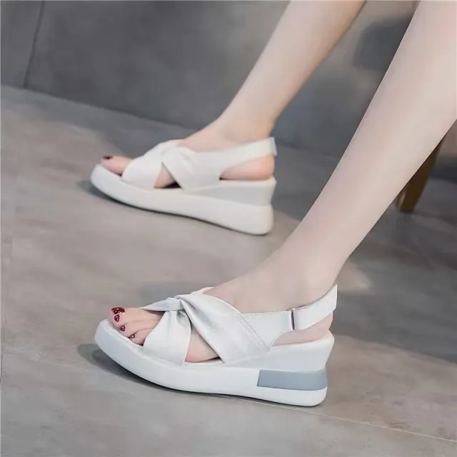 Bow Cross Height Increasing Wedge Sandals Beige - Shop at LoveMi