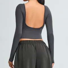 Autumn New Large U Back Yoga Clothes Long Sleeve Women's Short Sports Top - Dark Grey - View 1