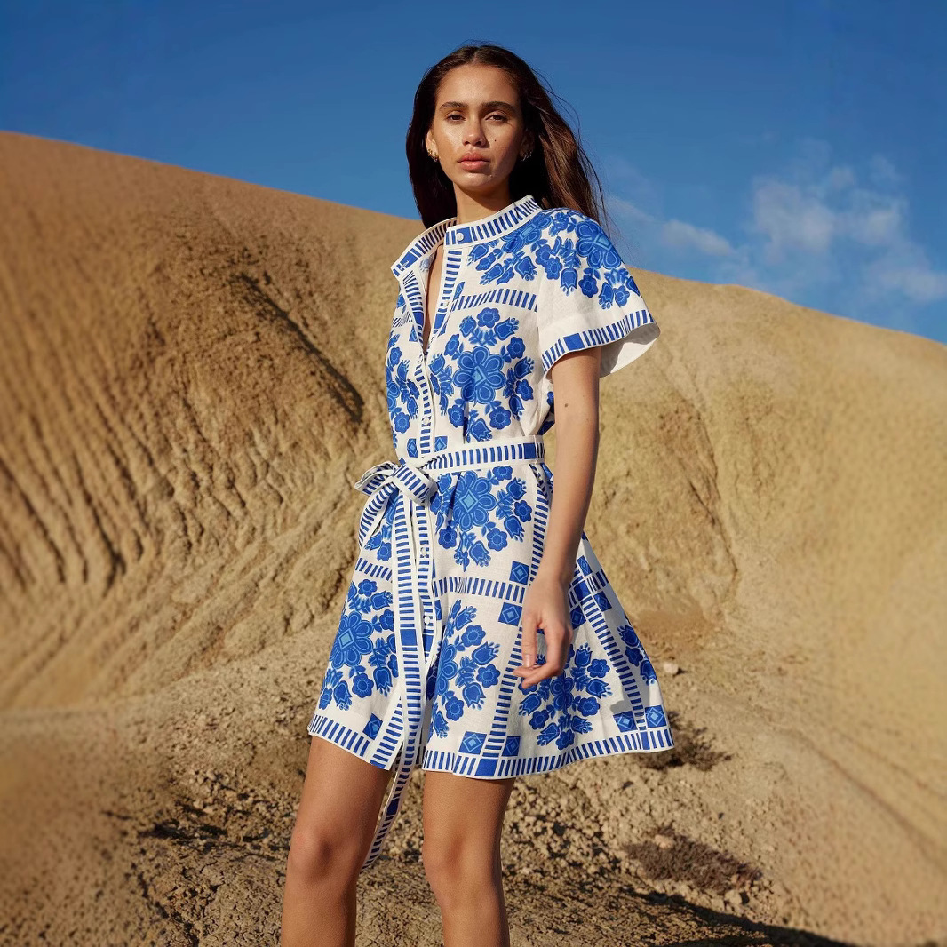 Women's Fashion Printed Lace Up Dress