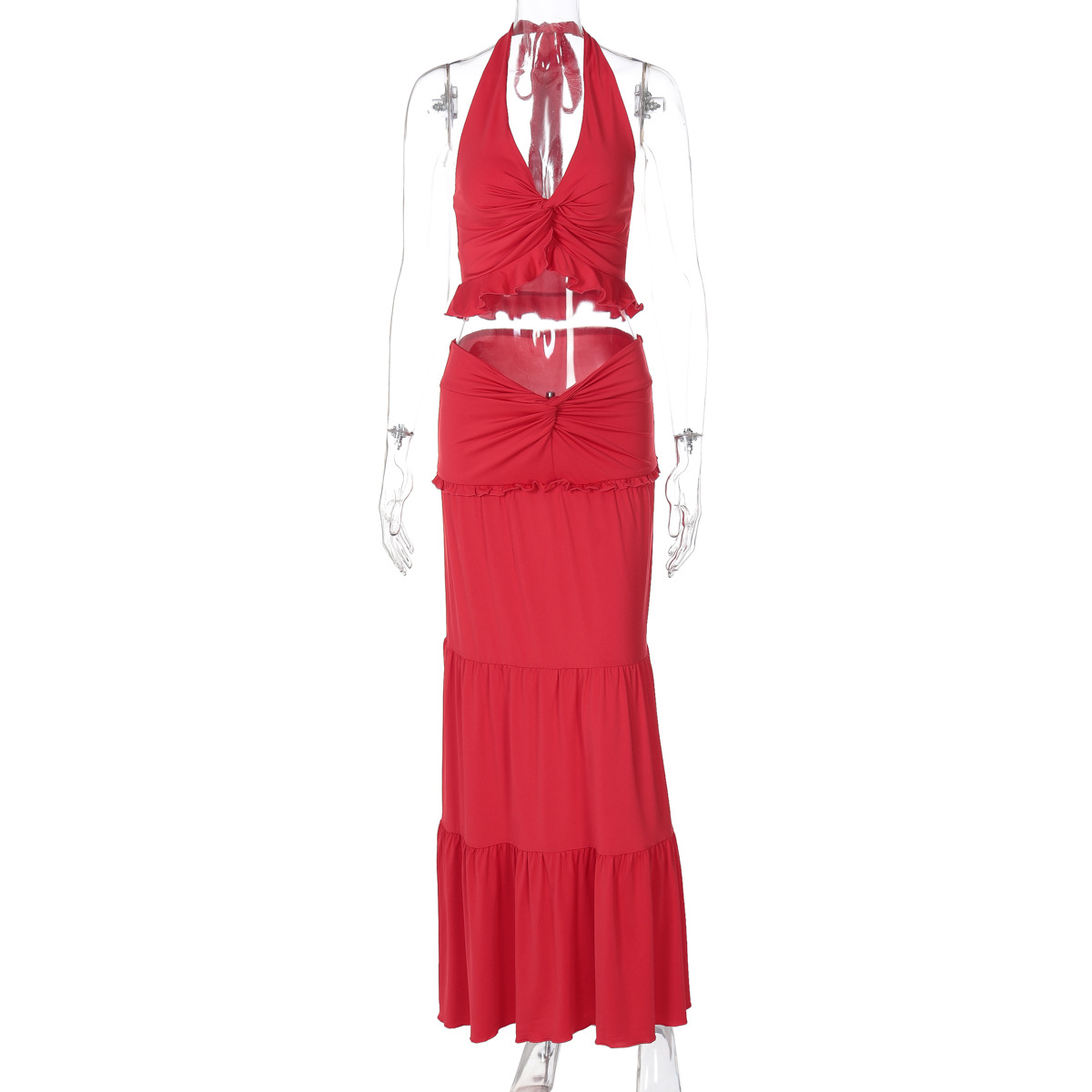 Women's V-neck Ruffled Halter Spaghetti Straps Detail Twisted Dress Suit