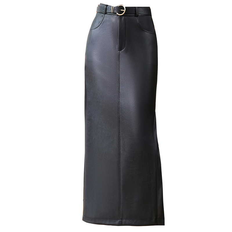 Autumn And Winter Fleece-lined Thickened Side Slit PU Leather Hip Skirt