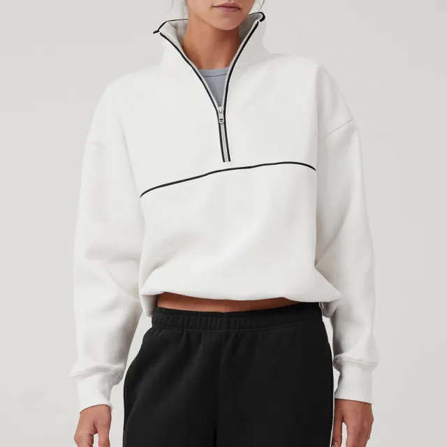 Contrast Color Half Zipper Sports Sweaters Women's Clothing Beige - Shop at LoveMi