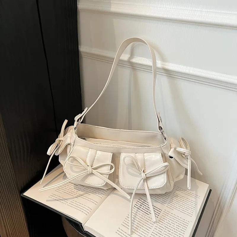 Tassel Bow Women's Bag Multi-pocket Pleated Large Capacity - White