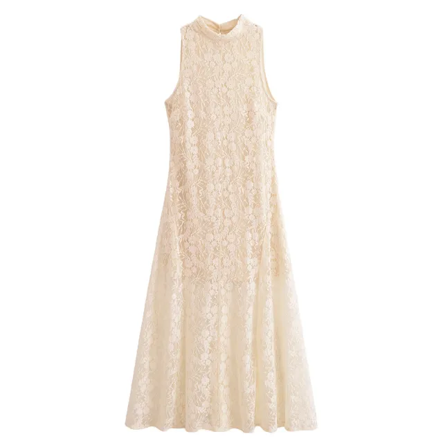 Autumn Sleeveless Turtleneck Vintage Lace Dress Slim Fit Bottoming Dress Beige - Shop at LoveMi