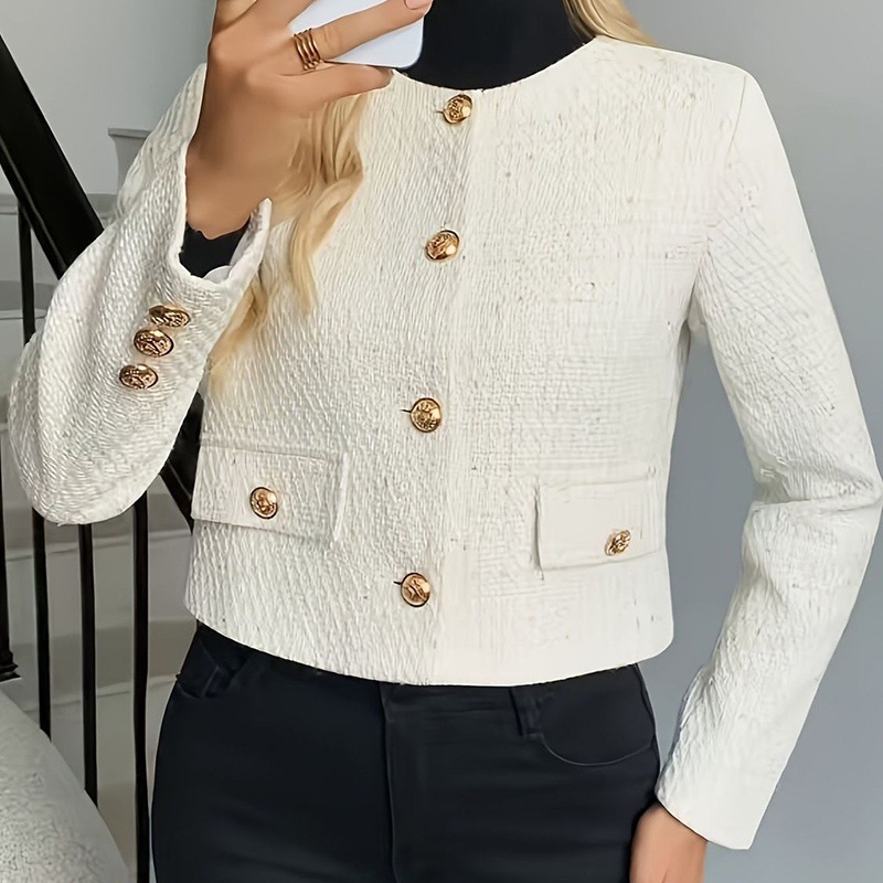 Korean-style Off-white Crew-neck Cropped Coat Button-front Top product image