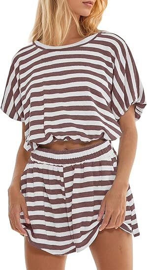 Women's Short Sleeve Striped T shirt Loose Midriff Outfit Shorts Casual Suit Light Brown - Shop at LoveMi
