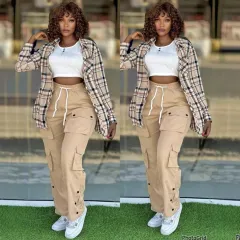 Women's Fashion Casual Simple Plaid Shirt Multi-pocket Cargo Pants Plus Size Three-piece Suit - Khaki - View 1