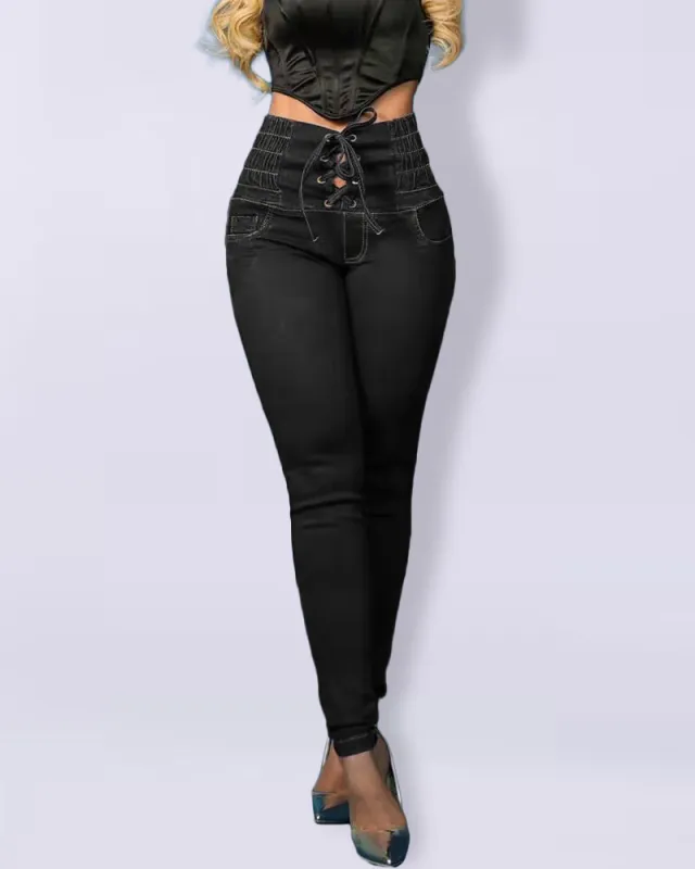 Tied Slim Fit Skinny Jeans Women's High Waist Hip Lift Trousers Black - Shop at LoveMi