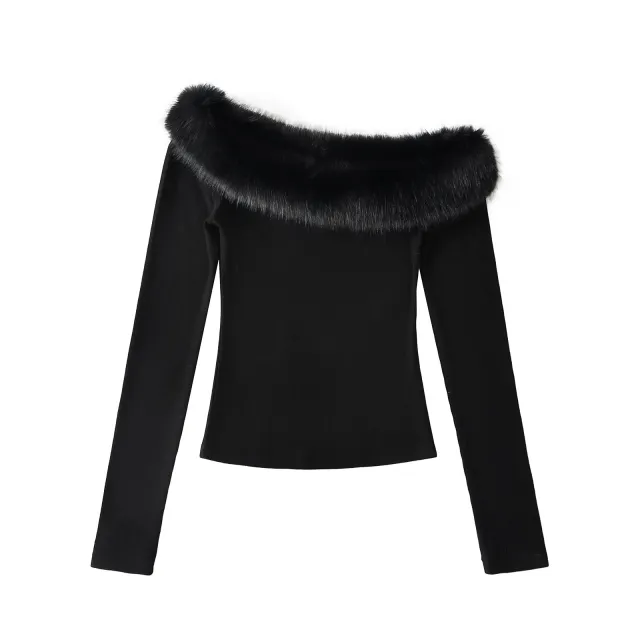 Fur Collar Beveled Off shoulder Long Sleeve Stretch Thread Sunken Stripe Slim Top Black - Shop at LoveMi