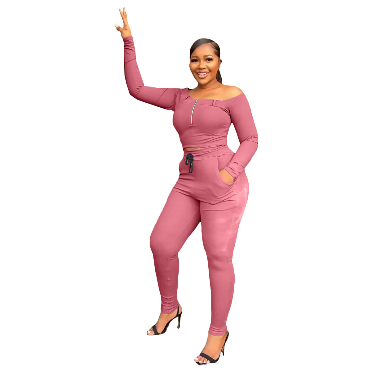 Women's Fashion Casual Exercise Off shoulder Suit Pink - Shop at LoveMi