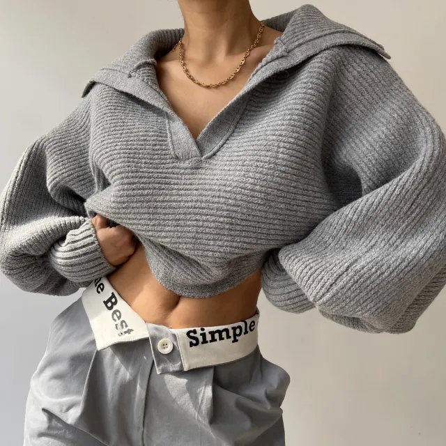 Lapel Pullover Knitting Women's Top Gray - Shop at LoveMi